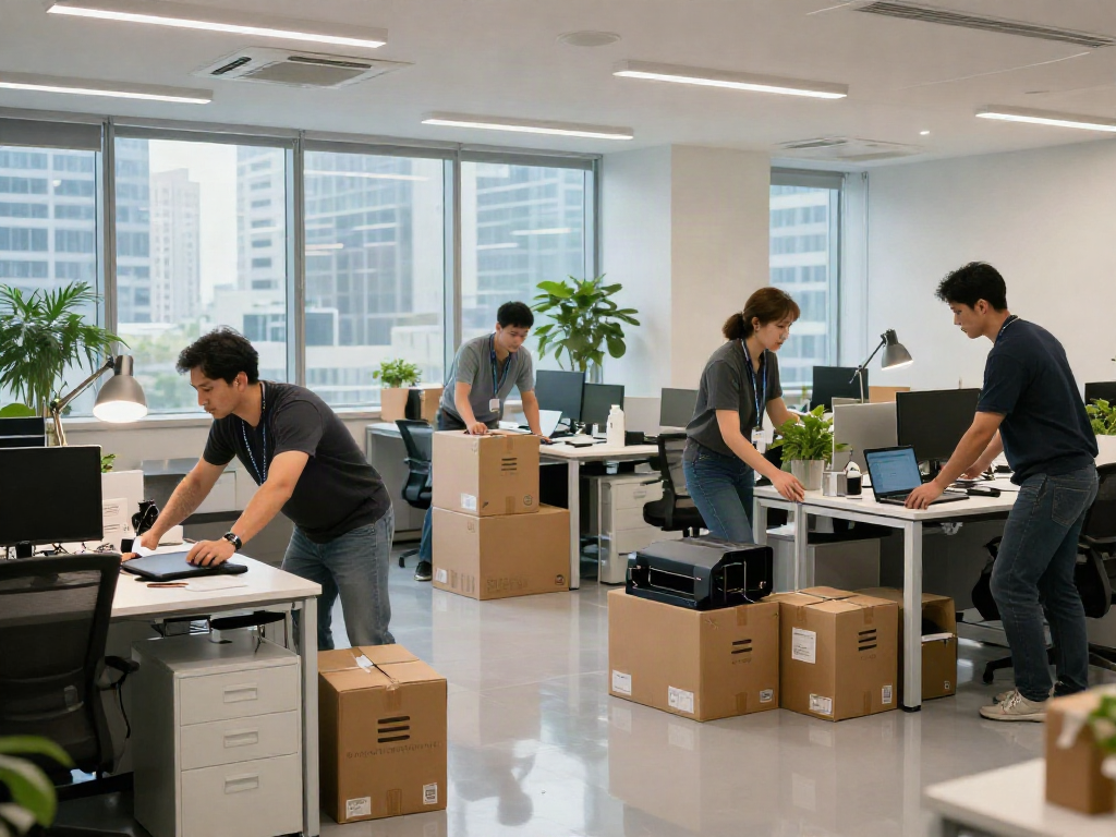 Efficient office movers packing desks and technology during relocation