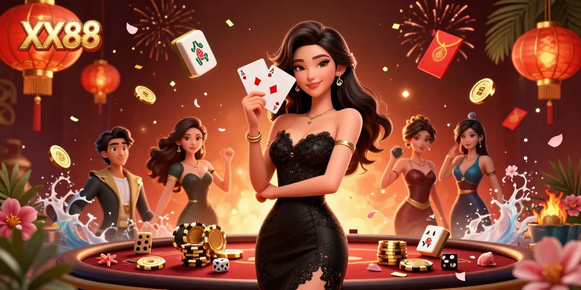 Engaging scene showcasing XX88 with an elegant woman in a casino setting holding playing cards.