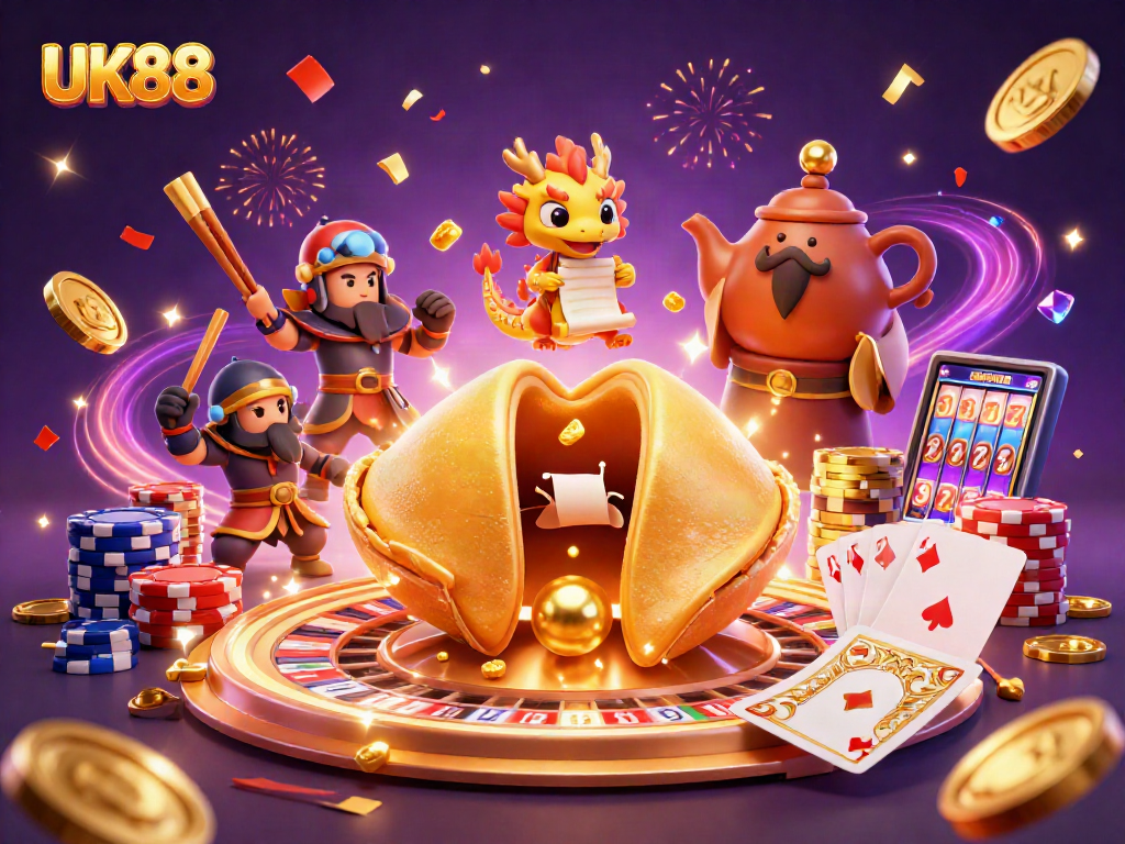 Experience thrilling wins at UK88 with a vibrant 3D casino illustration featuring golden coins and characters.