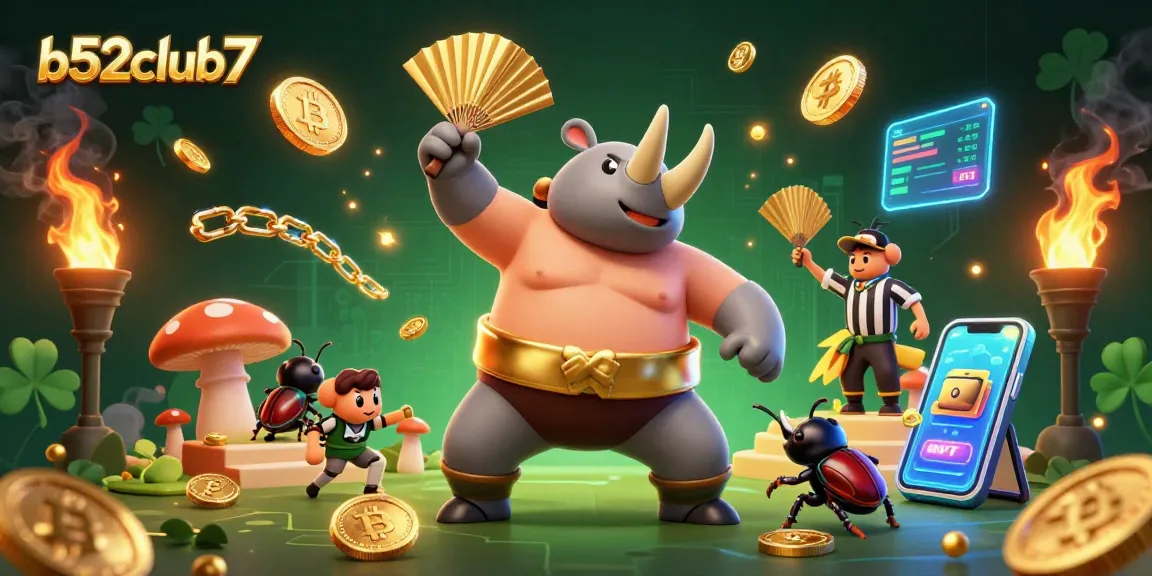 Engage in thrilling gaming experiences at b52club7, as a cartoon rhinoceros beetle champion stomps gold coins amidst cryptocurrency and blockchain elements.