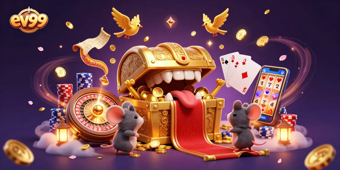 ev99 draws luck with a golden treasure chest, casino symbols, and adventurous mice