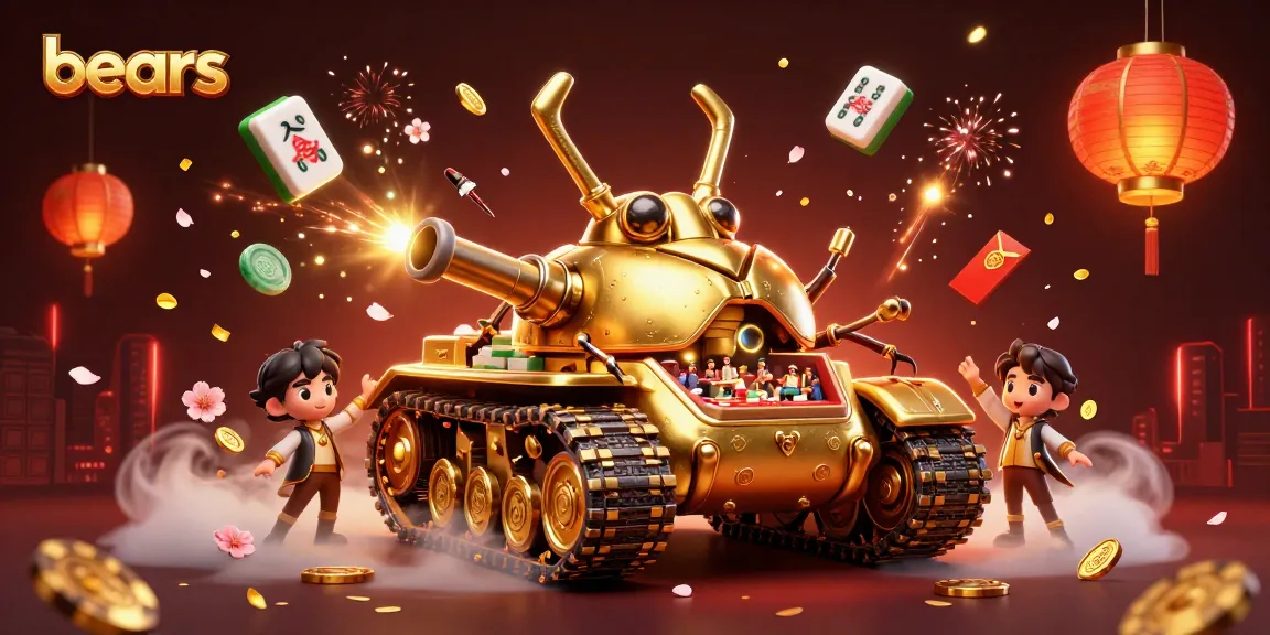Bears celebrate at a miniature casino in a golden beetle tank, surrounded by festive elements.