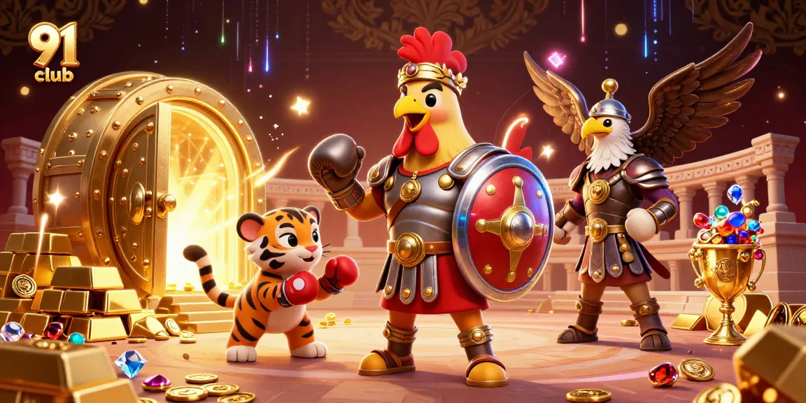 Join the excitement at 91 club with a vibrant 3D scene featuring gladiatorial elements and treasure.