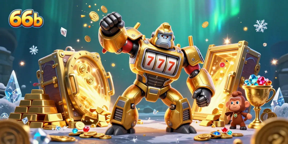 Experience the thrilling action of 66b with a golden gorilla mech and riches in this dynamic casino illustration.