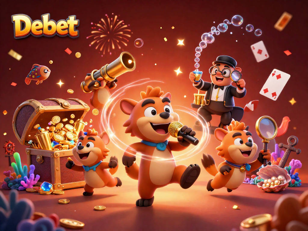 Debet offers a lively casino experience with hyenas as entertainers in a vibrant digital illustration environment.