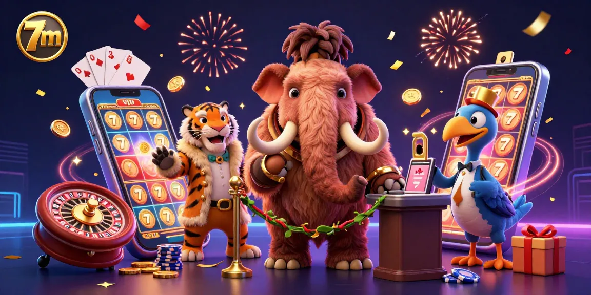 Engage with the lively casino scene featuring characters like a woolly mammoth checking IDs, embodying the essence of the 7m gaming experience.