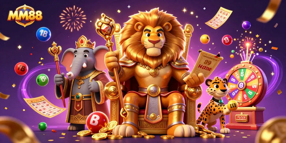 MM88 showcases a vibrant online gaming scene with a fierce lion king and festive elements.