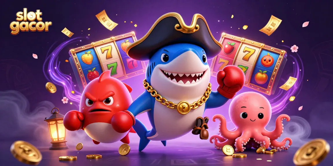 Win big with slot gacor in an energetic scene featuring a pirate shark, pufferfish, and octopus.