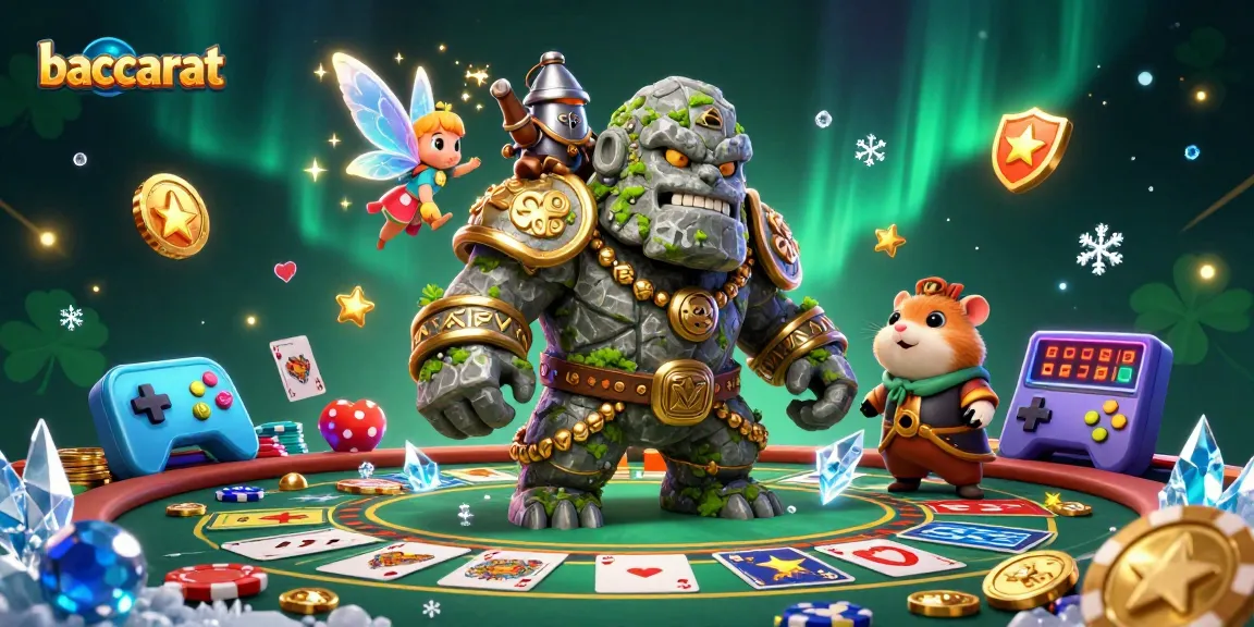 Baccarat table scene featuring a magical golem guardian, fairy companion, and hamster knight amidst colorful casino elements.