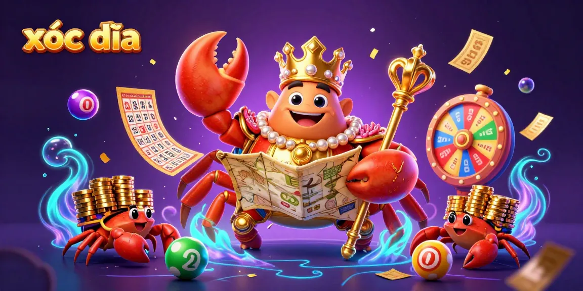 Experience the thrill of xóc đĩa with a vibrant scene of a golden crab and colorful lottery elements.