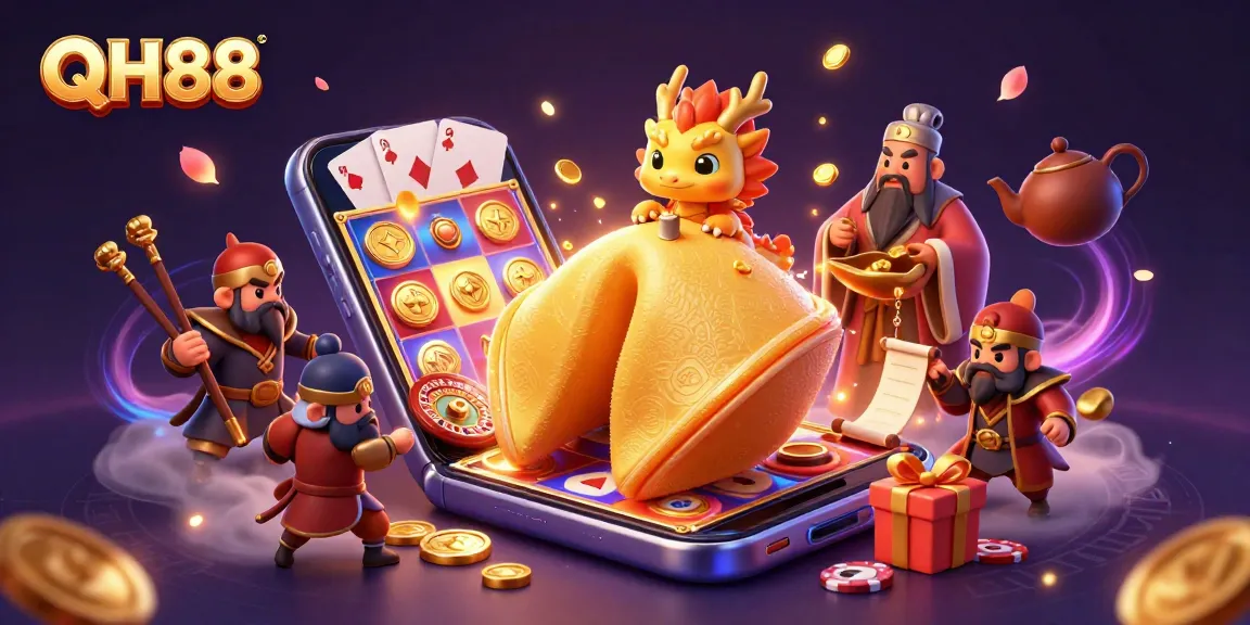 Experience exciting gameplay with QH88's vibrant 3D illustration showcasing casino elements and golden fortunes.