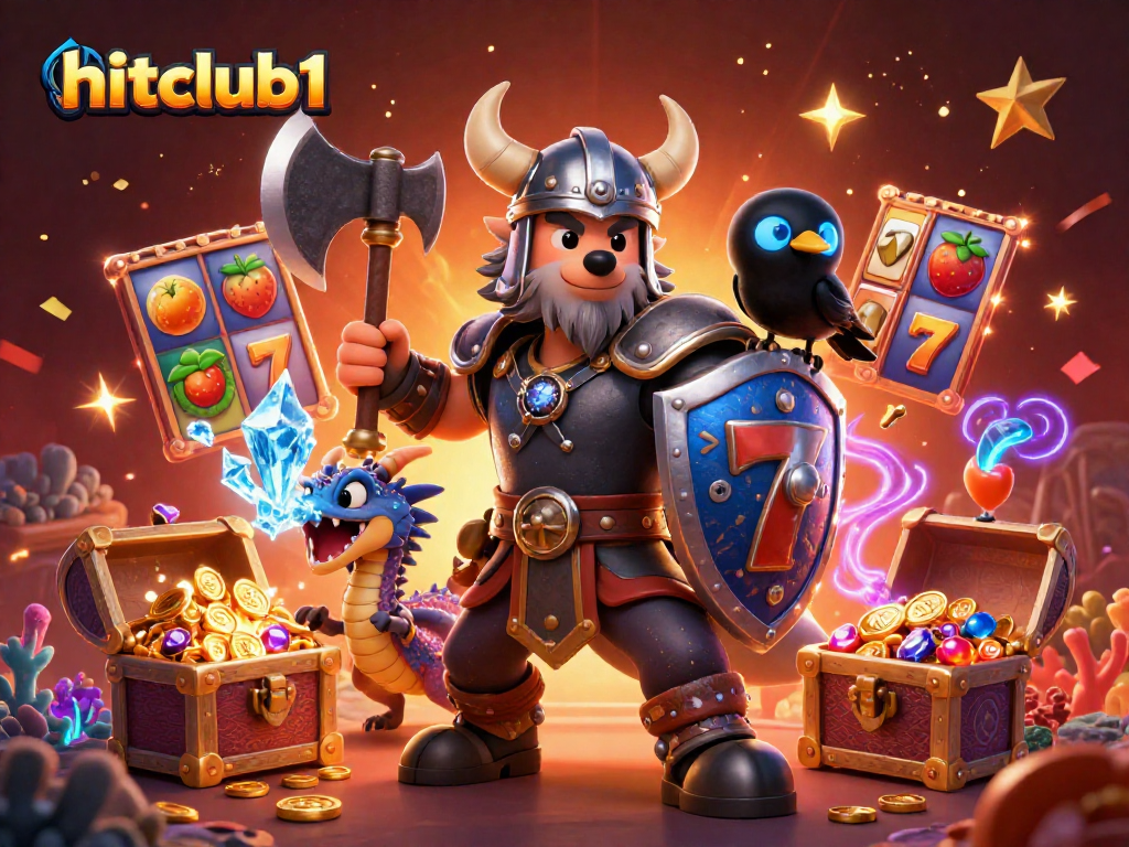 hitclub1 showcases thrilling slots with Viking characters, colorful gems, and ice dragon in vibrant 3D scene.