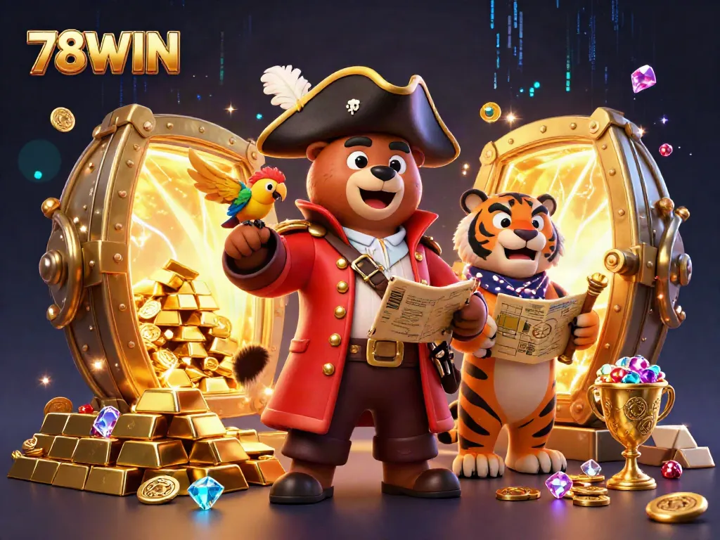 Experience thrilling gaming adventures with 78WIN, featuring a pirate bear and his tiger mate in a treasure-filled casino.
