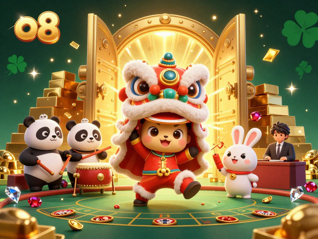 Engage in thrilling gameplay at o8, featuring lively characters and dynamic casino elements amidst treasure.