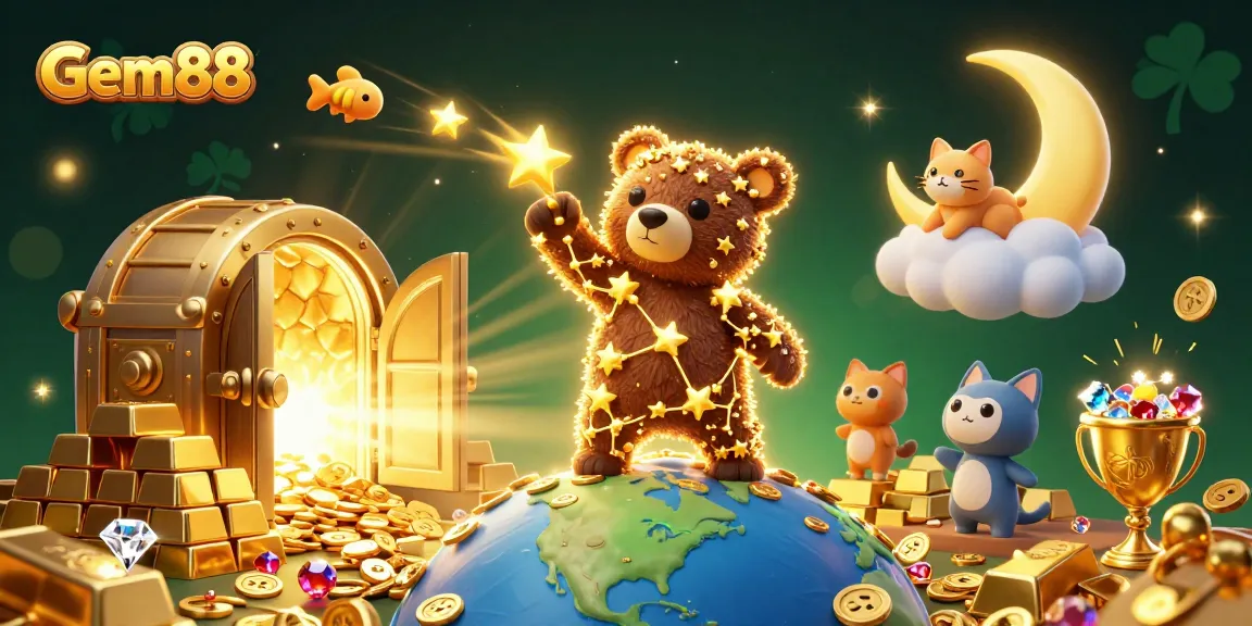 Play exciting games at Gem88, where the constellation bear collects treasures amidst a magical casino world.