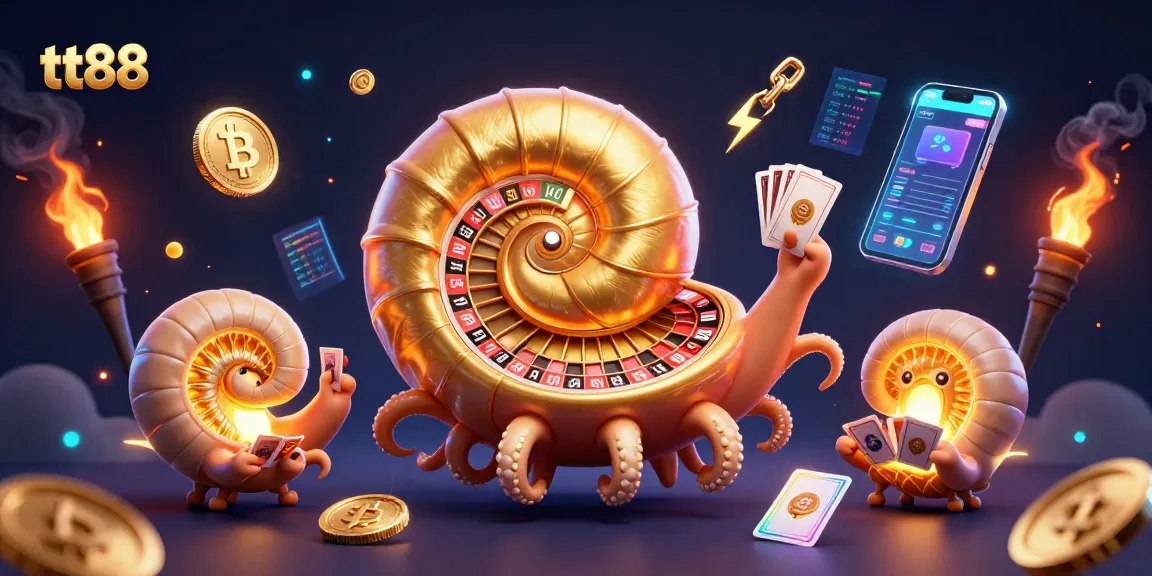 Engage in thrilling gameplay at tt88, featuring an ancient nautilus as a roulette wheel with vibrant crypto elements.