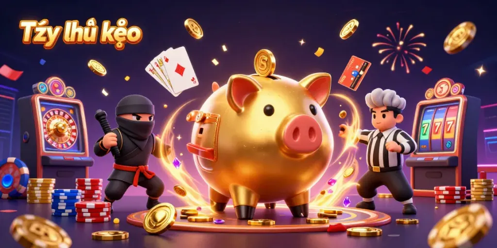 Experience the thrill of Tỷ lệ kèo with a sumo wrestler bank, ninja, and samurai amid cascading coins and gaming elements.