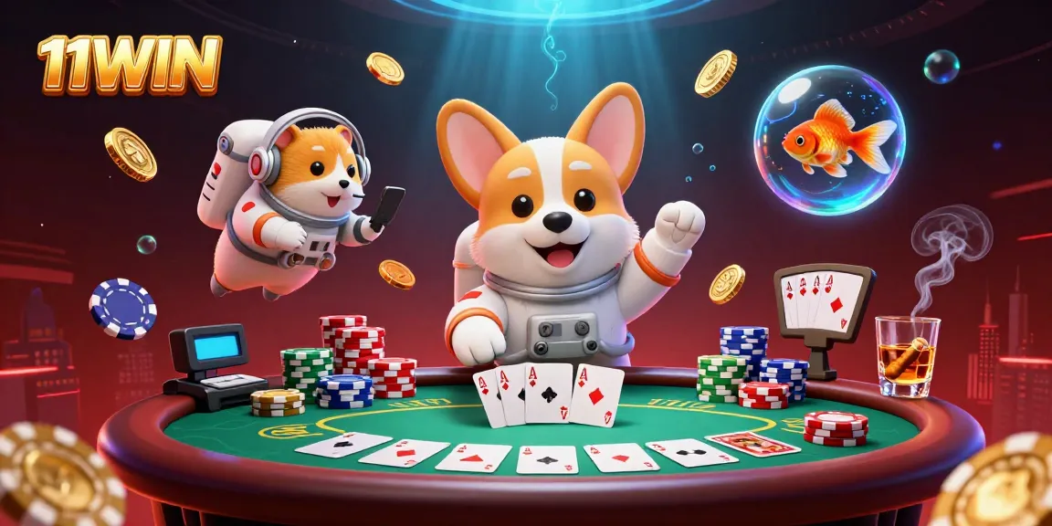 Experience the thrill of 11WIN in this vibrant 3D casino scene with a cartoon astronaut corgi!