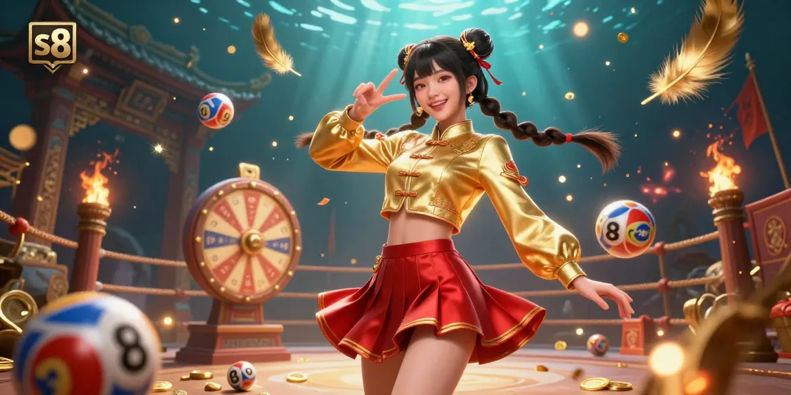 Engage with the vibrant energy of s8's lottery and gaming world featuring a joyful character amidst colorful elements and rich details.