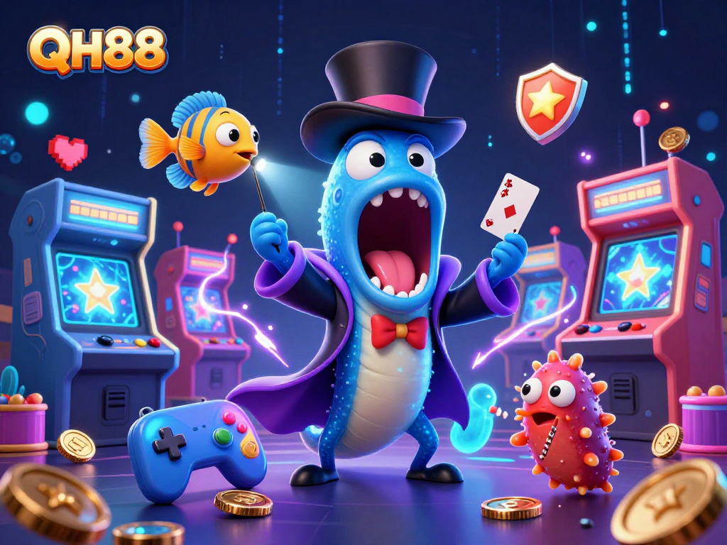 Engage with QH88 in this vibrant 3D magic-themed casino illustration showcasing deep-sea characters.