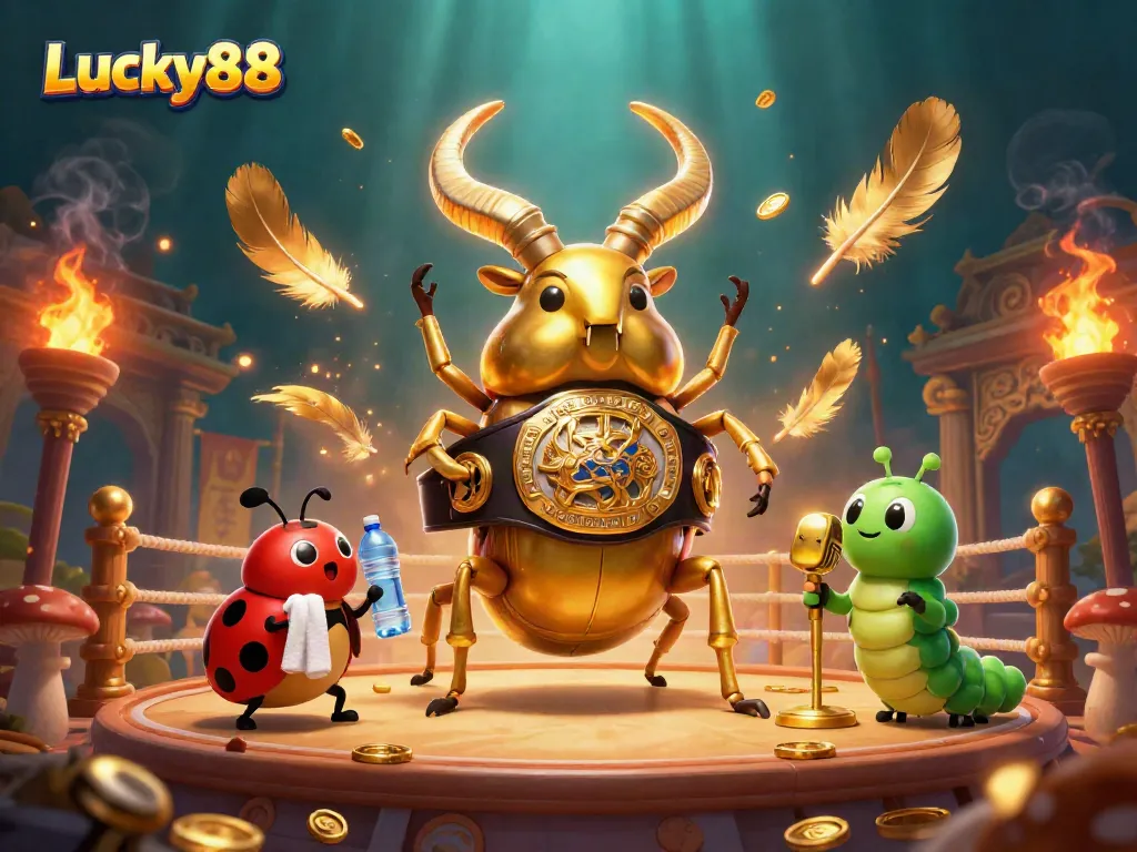Engage with Lucky88 in an exciting showdown featuring a giant stag beetle champion surrounded by casino elements.