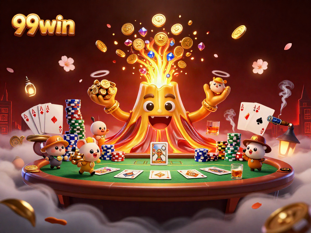 Experience the thrill of 99win with a vibrant poker scene featuring a golden volcano and treasure-exploring animals.