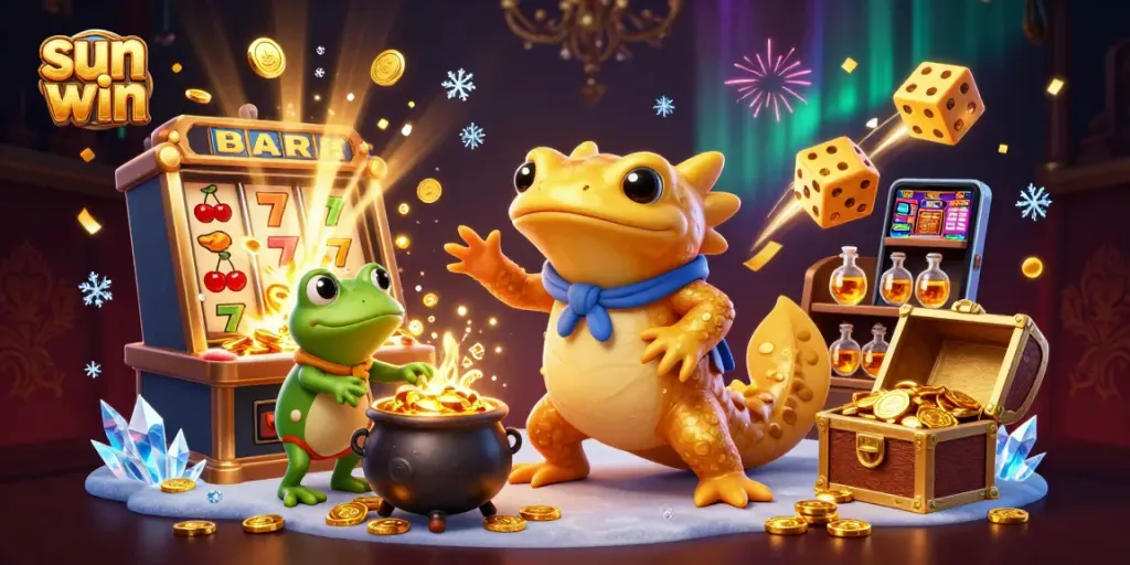Experience the thrilling world of sun win as gold flows from a magical slot machine amidst vibrant casino elements.