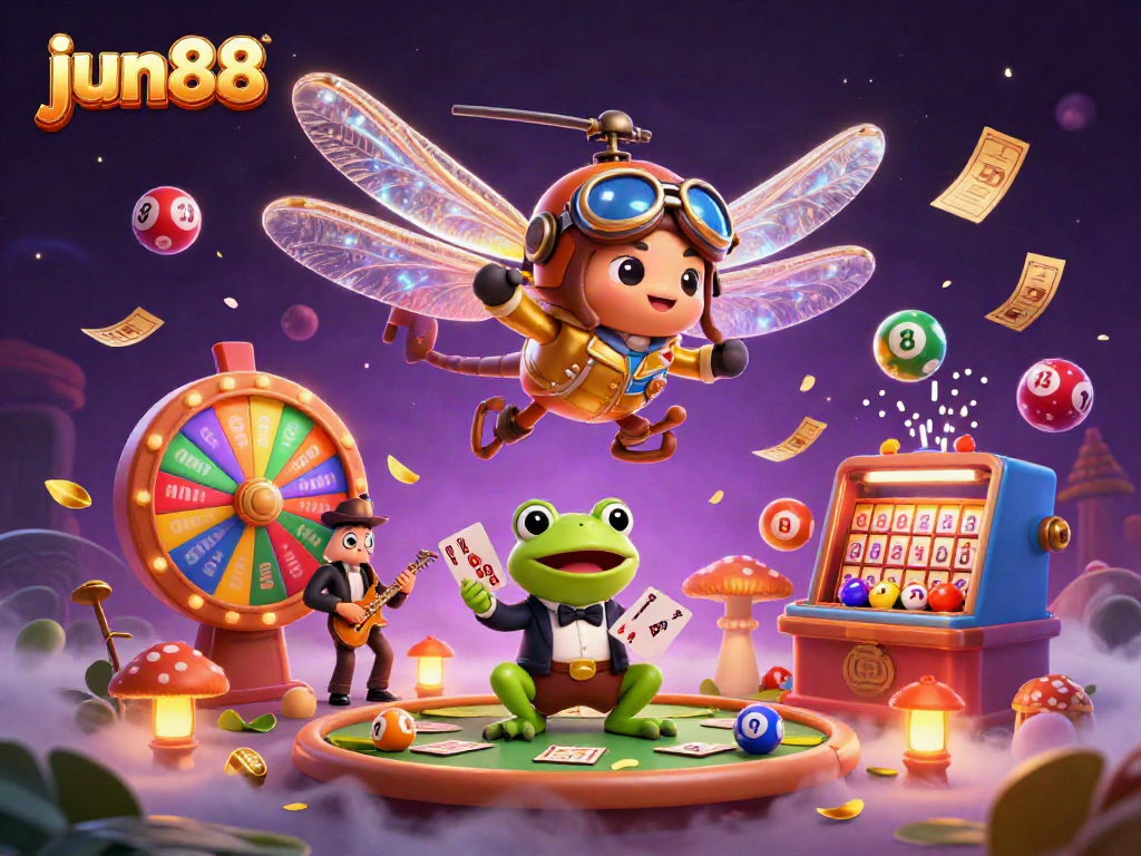 Engage in thrilling action at jun88 with a 3D dragonfly pilot, frog dealer, and jazz musicians in a vibrant casino.
