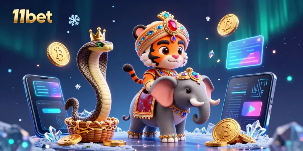 Experience excitement with 11bet through a vibrant 3D illustration of a royal tiger riding an elephant amidst crypto coins.