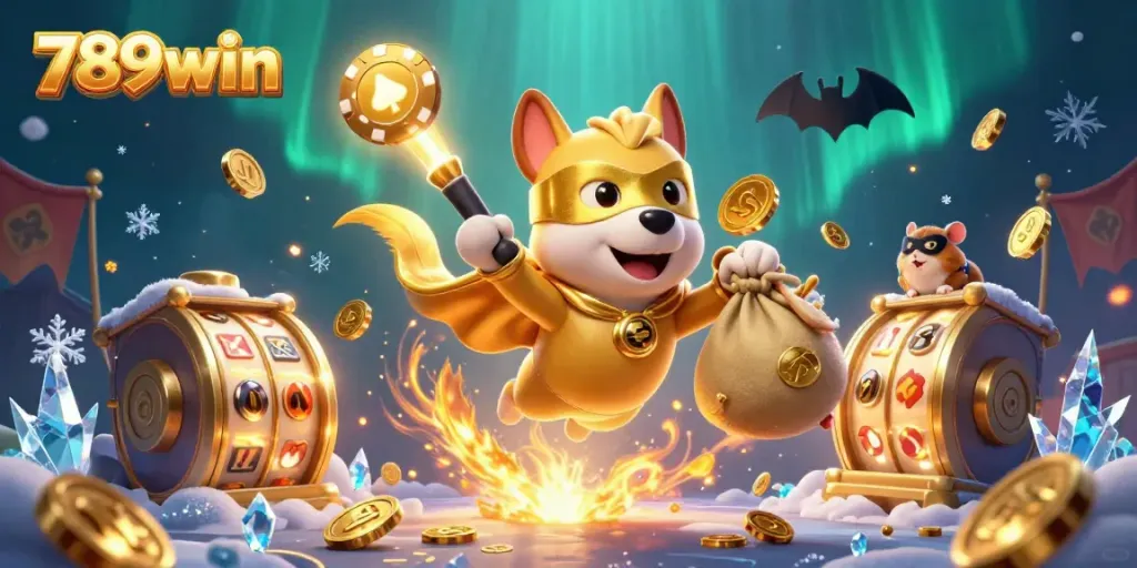Experience the excitement of 789win with a superhero dog and colorful casino elements.