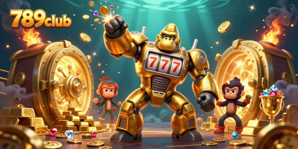 Win big at 789club with a thrilling 3D jackpot scene showcasing a golden gorilla mech and treasures.
