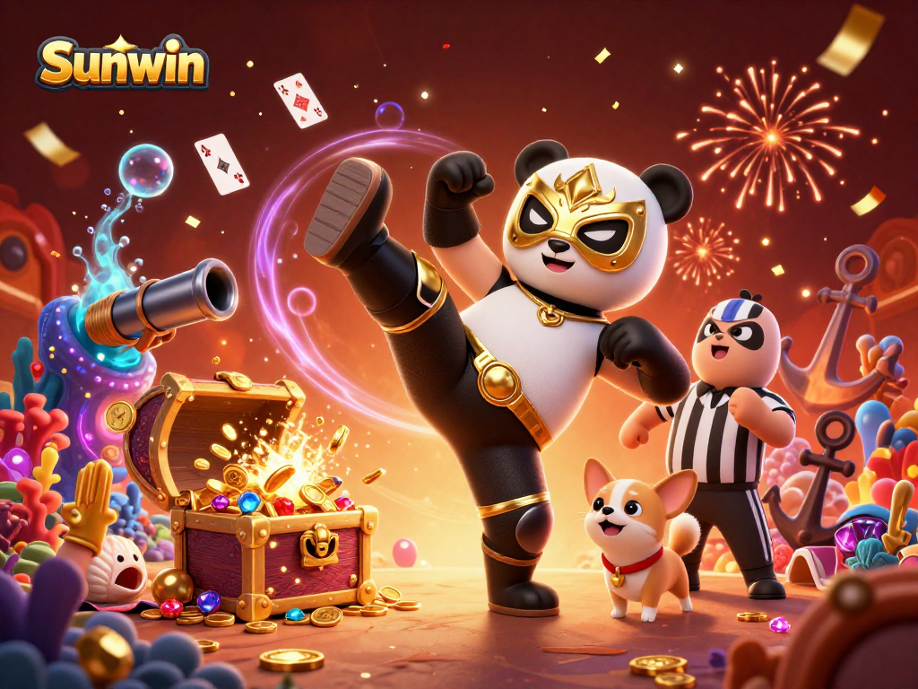 Experience thrilling action at Sunwin as a panda wrestler kicks high in this vibrant casino scene.