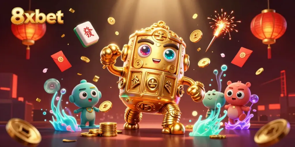 Engage in the thrilling world of 8xbet with the animated golden golem and exciting game elements.