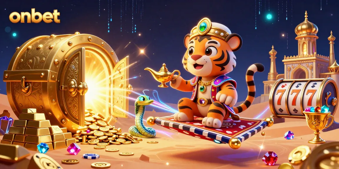 Spin the reels and win big with onbet's Arabian Nights magic in an exotic casino scene.