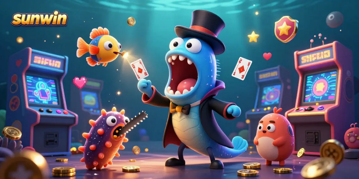 Experience thrilling gaming vibes with sunwin's colorful underwater casino scene featuring fun characters.