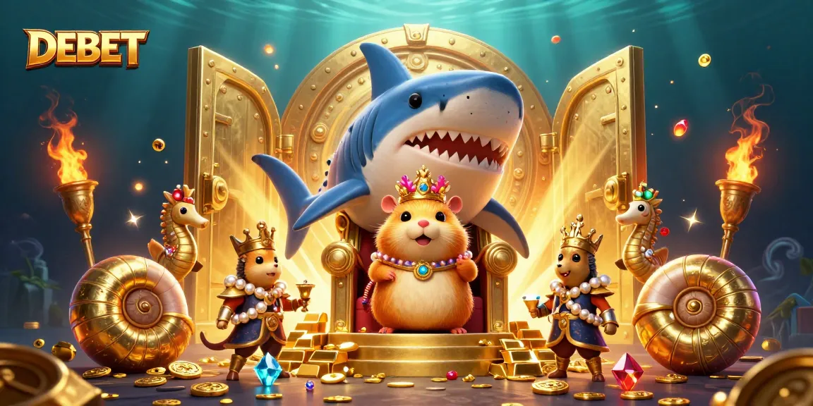 Engage with the DEBET kingdom as the golden hamster king rules from his megalodon throne surrounded by treasures.