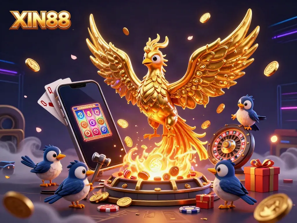 XIN88 showcases a golden phoenix in molten metal, symbolizing the excitement of online gambling.
