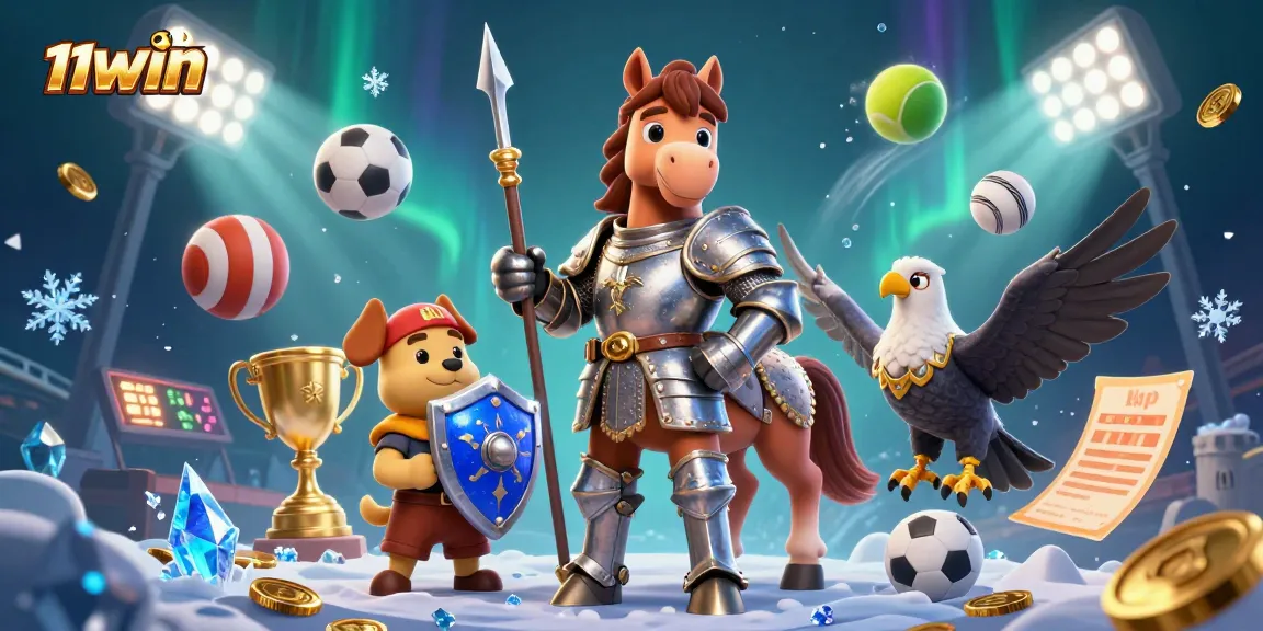 Engage with the action at 11WIN, featuring a knight, squire, and falcon amidst vibrant sports elements.