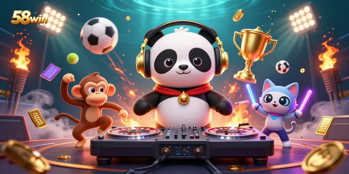 Experience the excitement of 58win with a 3D scene of a DJ panda and vibrant characters celebrating gaming.