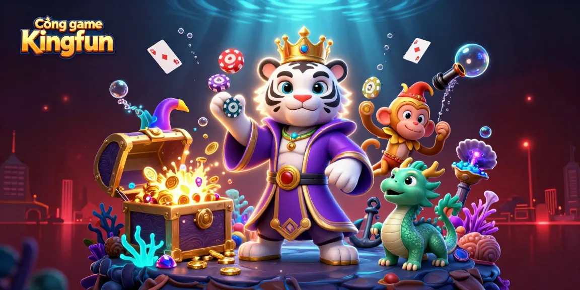 Cổng game Kingfun offers thrilling visuals of casino fun with a lively tiger, monkey juggling chips, and golden treasures.