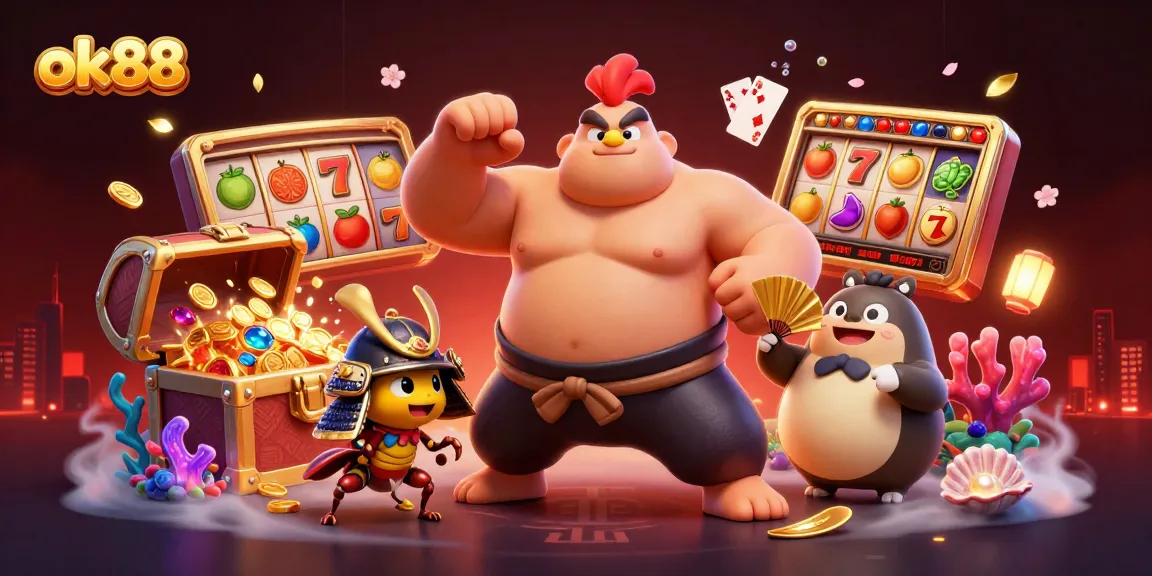 Experience the vibrant ok88 casino adventure with a sumo rooster and samurai cricket amidst colorful slot reels.