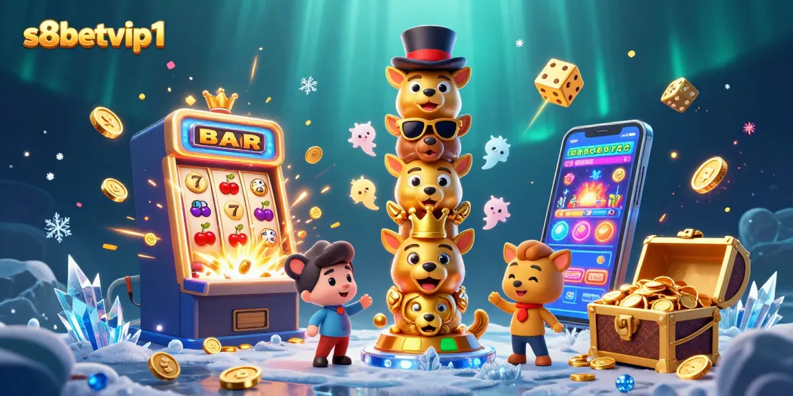 s8betvip1 showcases a vibrant 3D totem pole with casino themes in a dynamic illustration, celebrating gaming excitement.