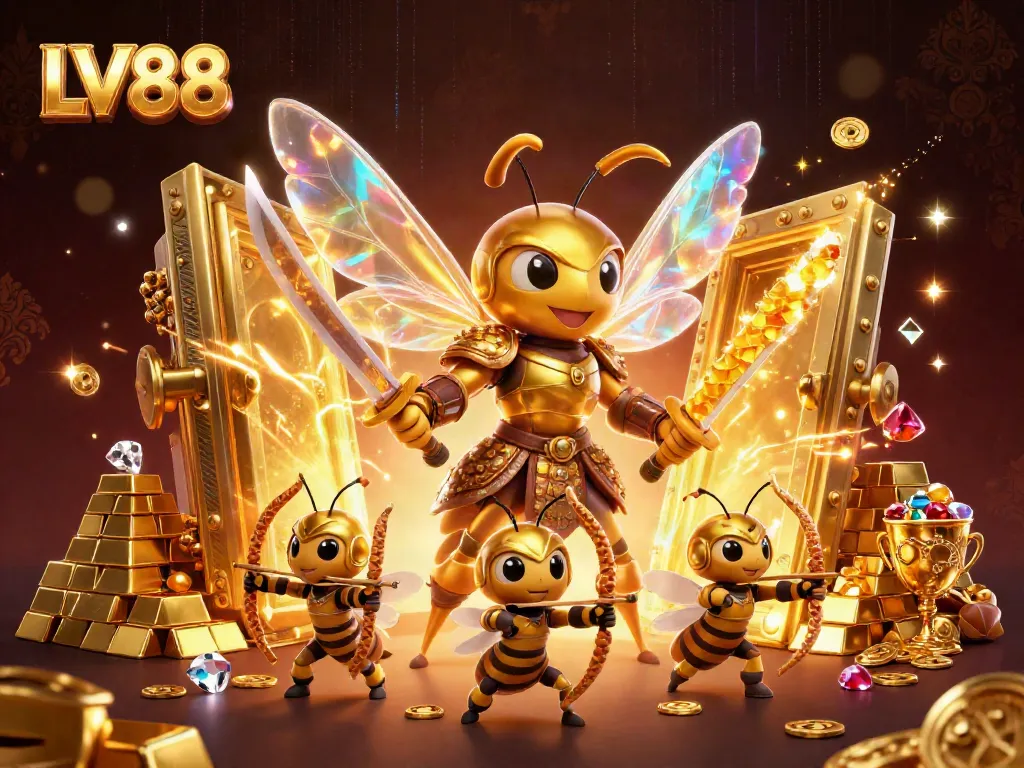 Engage with LV88's vibrant gaming world featuring a golden hornet samurai surrounded by treasure and game elements