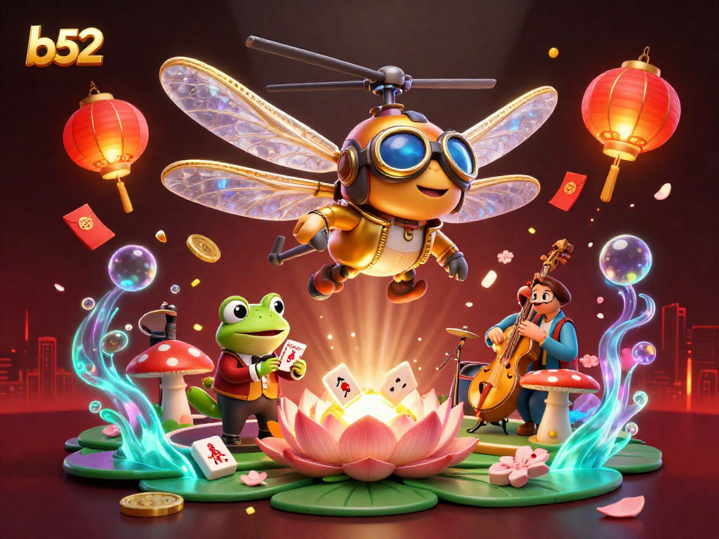 Experience thrilling games at b52 with a captivating 3D casino illustration featuring unique characters and elements.