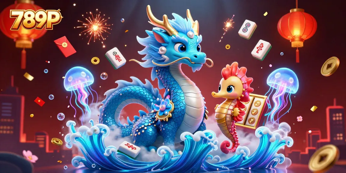 Spin the reels of luck with 789P, featuring an azure water dragon amidst vibrant casino elements.