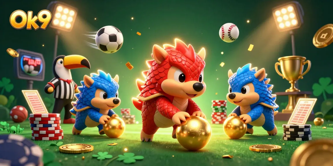 Engage in thrilling betting action with Ok9 as rival pangolins playfully roll golden balls through poker chips.