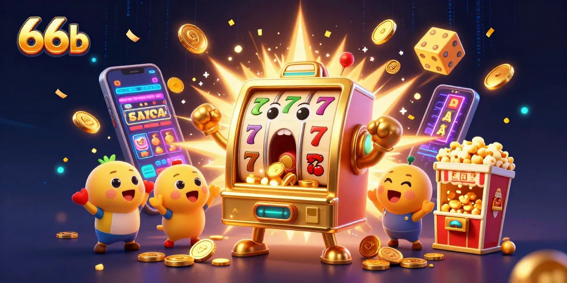 Experience thrilling wins at 66b with a dynamic scene of a golden slot machine hitting jackpots amidst vibrant casino elements.