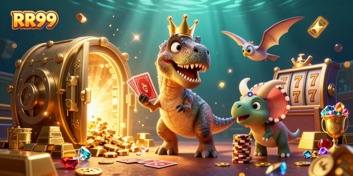 Engage with RR99's vibrant casino scene featuring a T-Rex shuffling cards, surrounded by treasure.