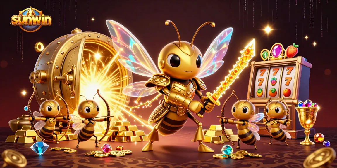 Experience sunwin's thrilling riches with vibrant 3D illustrations of slot games and golden treasures.