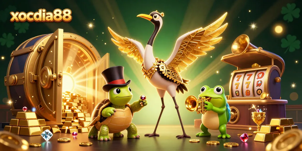 Xocdia88 offers an exciting casino experience with vibrant characters and dazzling treasure showcasing gaming thrill.
